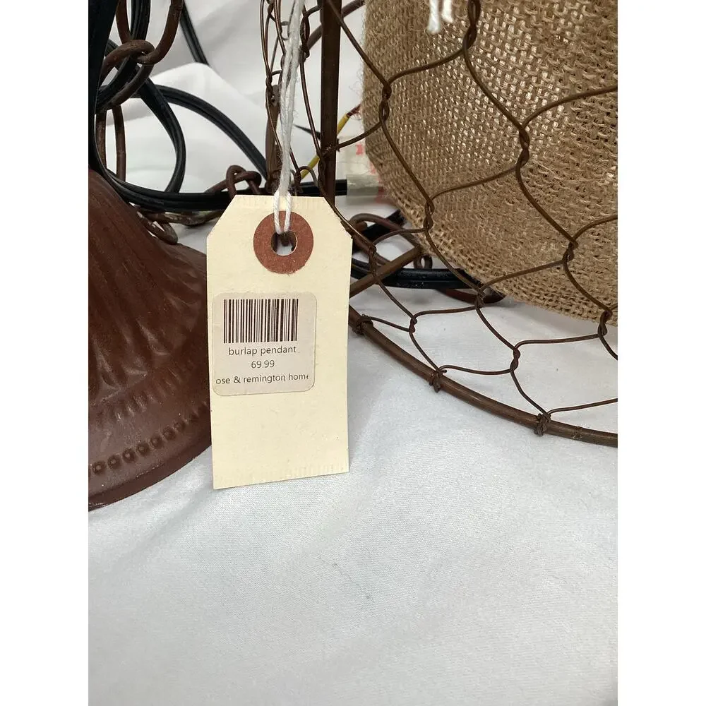 Farmhouse Pendant Light Lamp Rustic Chicken Wire Shade with Burlap Center‎ Brown